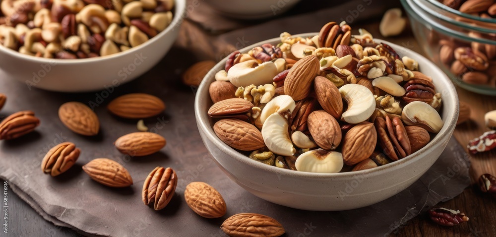 Poster a bowl filled with nuts sitting on top of a table next to another bowl of nuts and another bowl of n