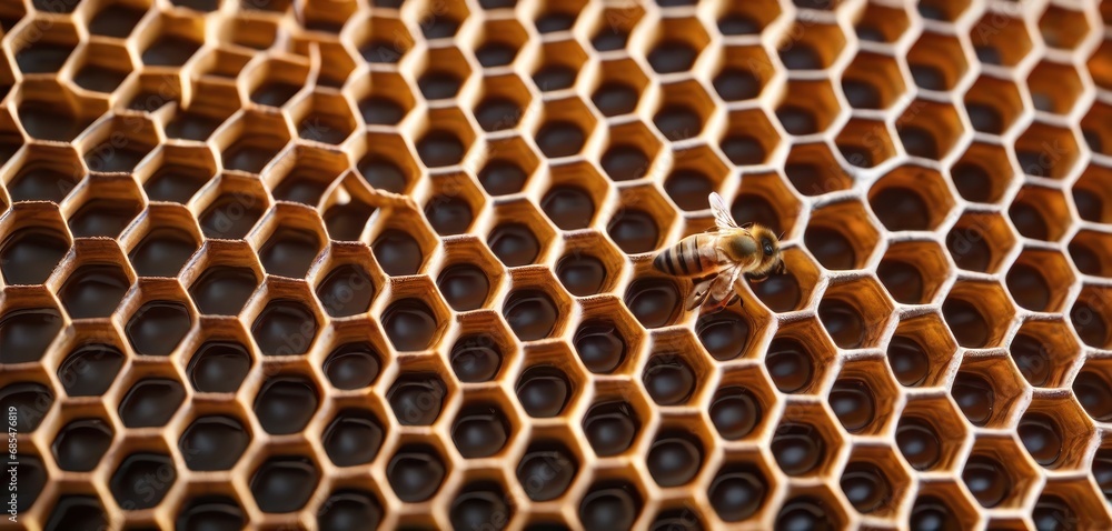 Poster a close up of a honeycomb with a bee on it's back and a honeybee on the inside of the honeycombs on 
