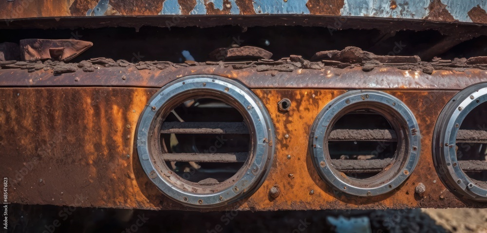 Aufkleber a close up of a rusted metal object with three round holes in the middle of the front of the piece o