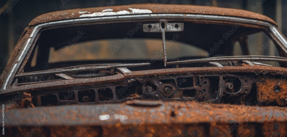 Poster an old rusted out car sitting in a garage with rust on the hood and the front of the car and the hoo