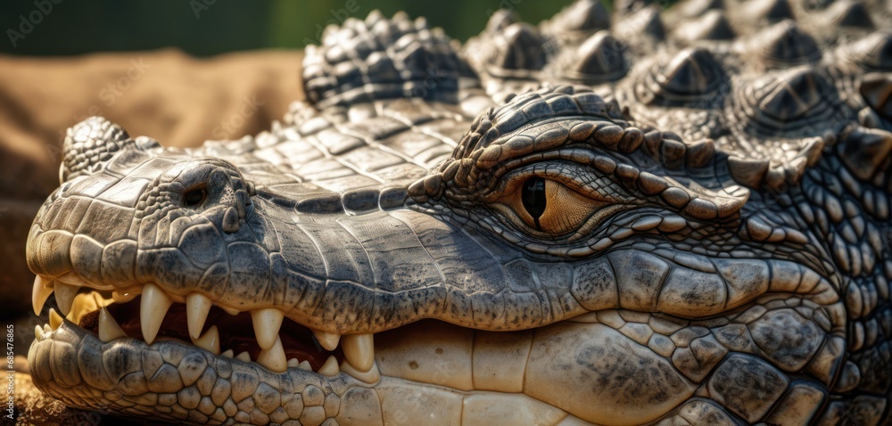 Poster a close up of a crocodile's head with it's mouth open and it's teeth wide open and it's mouth wide o