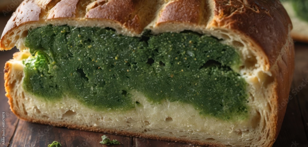 Poster a close up of a loaf of bread with a green topping on top of it on a wooden table with other breads 