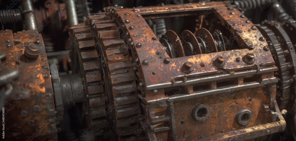 Poster a close up of a rusty gearbox in a factory, with metal objects surrounding it the gearbox is made of