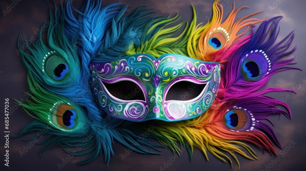 Poster a close up of a colorful mask with feathers on a gray background with a black background and a blue,
