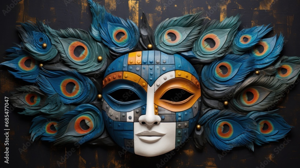 Poster a close up of a mask on a wall with feathers around it and a person's face in the middle of the mask