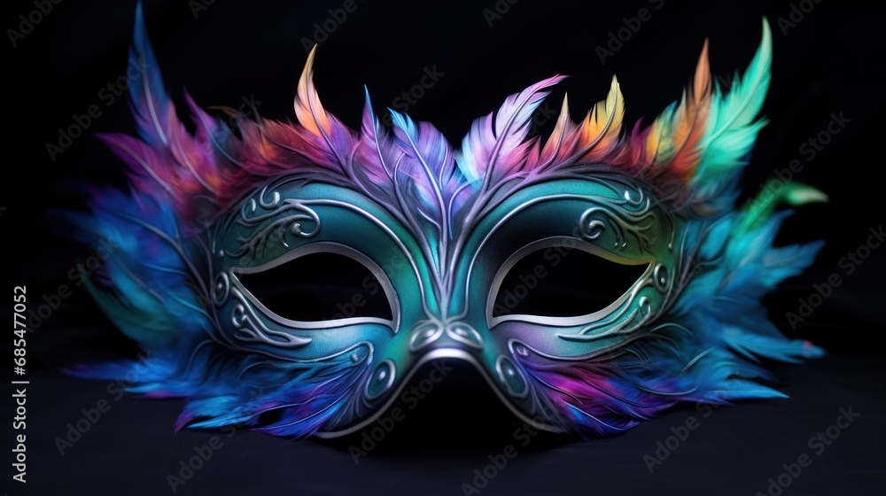 Poster a masquerade mask with colorful feathers on a black background with copy space for your own text or 
