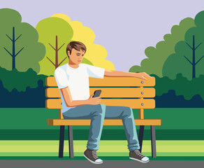 man holding a phone in the park vector illustration
