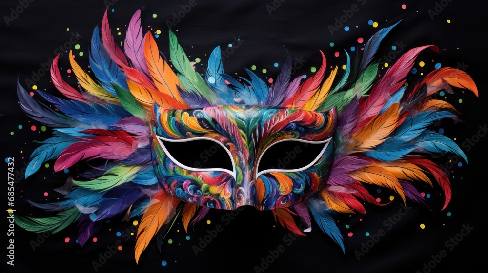 Poster a colorful masquerade mask with feathers on a black background with multicolored confetti sprinkles 