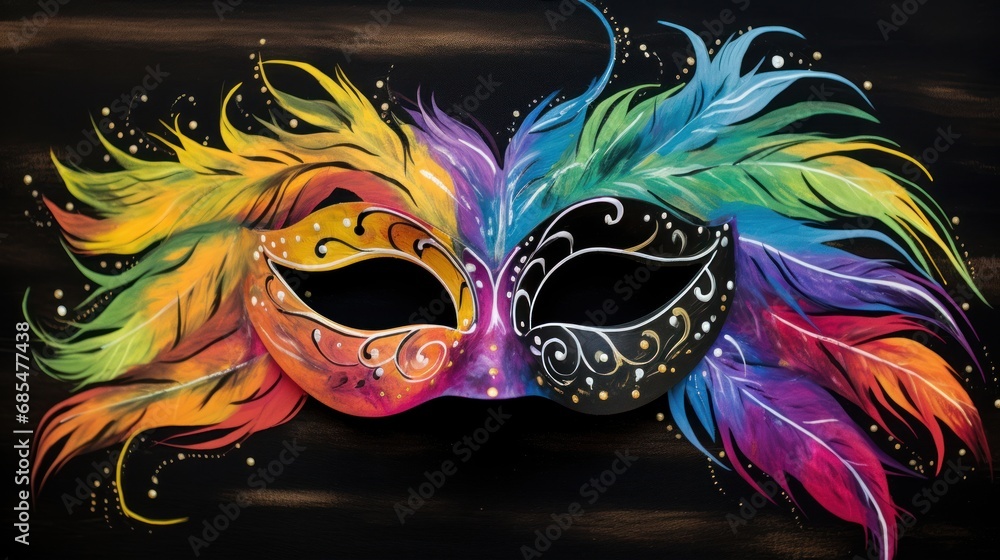 Poster a painting of a colorful mask with feathers on a black background with a white dot in the middle of 