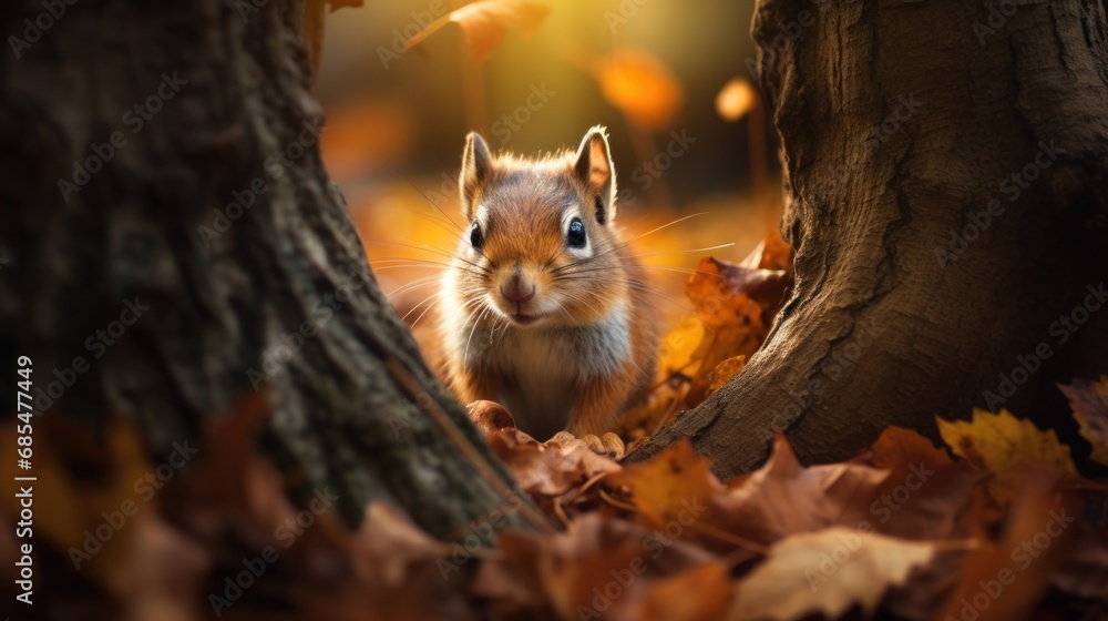 Poster a close up of a squirrel near a tree with leaves on the ground and in front of it is a tree with lea