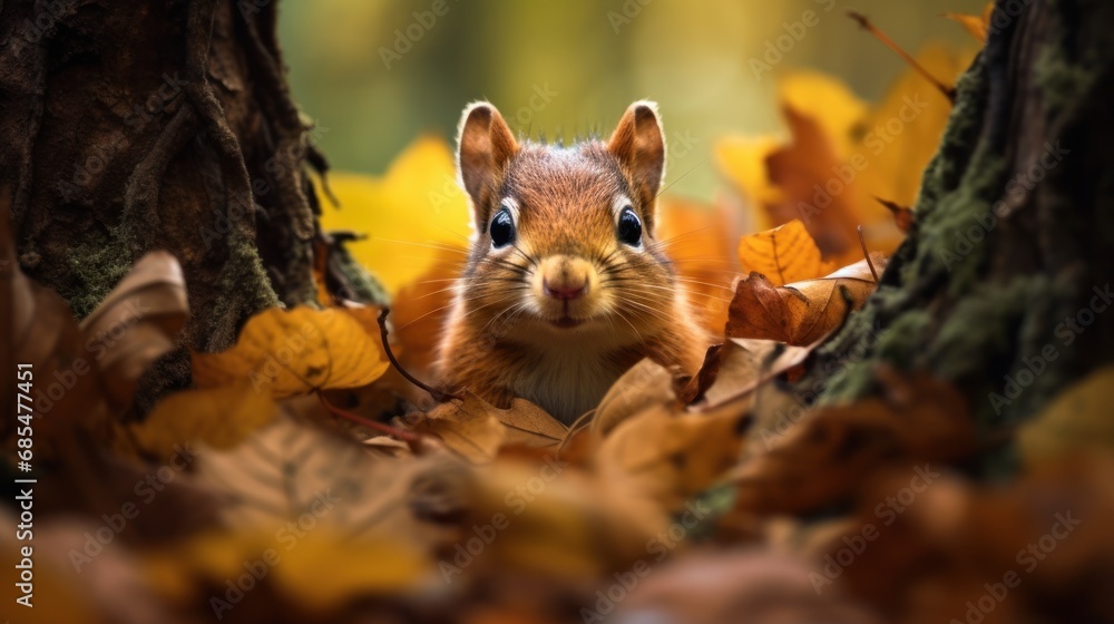 Poster a close up of a squirrel peeking out from behind a tree with leaves on the ground and in front of it