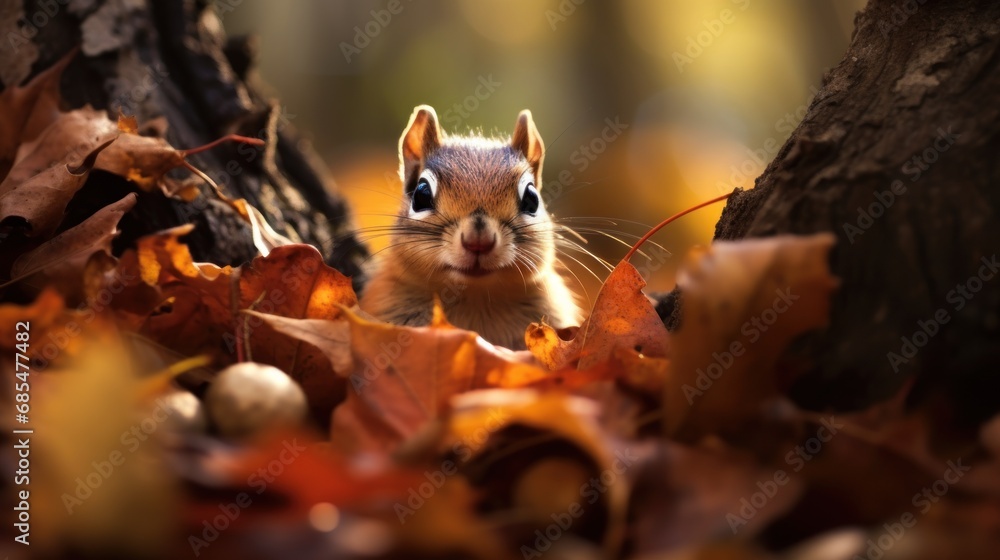 Poster a close up of a squirrel near a tree with leaves on the ground and a tree trunk in the foreground wi