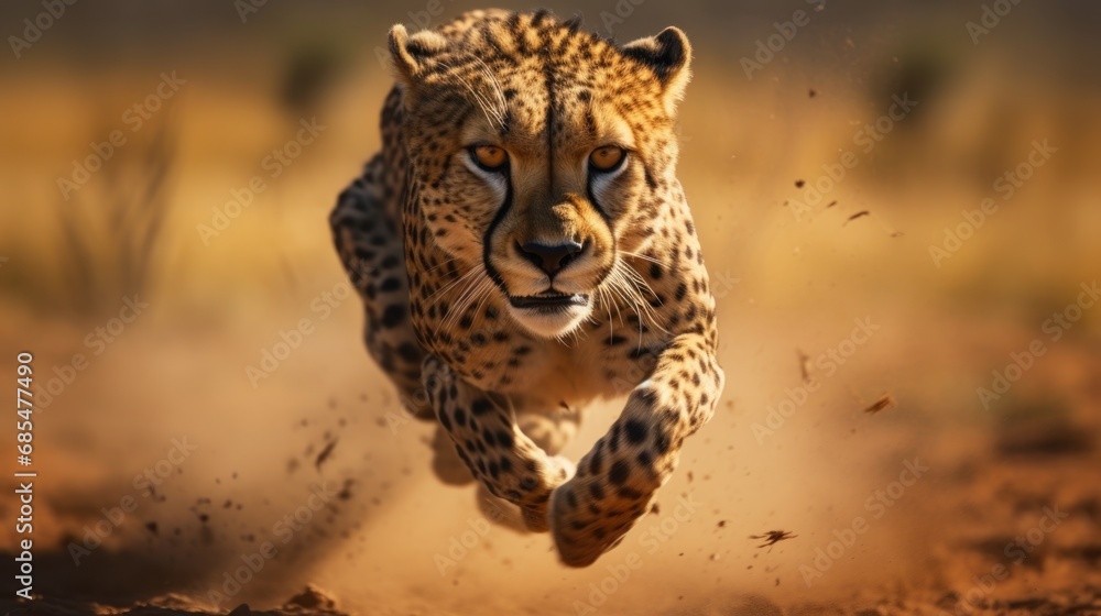 Poster a cheetah running in the dirt towards the camera with a blurry background of grass and dirt in the f