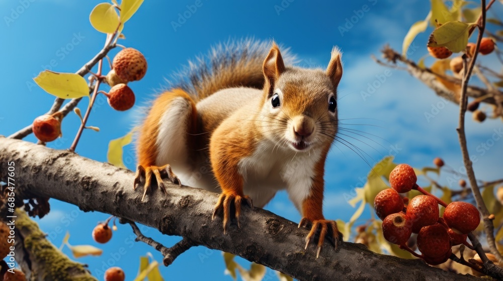 Poster a squirrel sitting on top of a tree branch next to a bunch of berries on a tree branch with a blue s