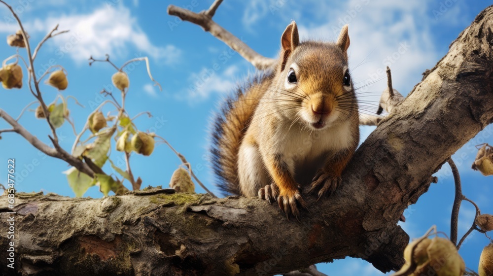 Aufkleber a squirrel is sitting on a branch of a tree and looking at the camera with a blue sky in the back gr