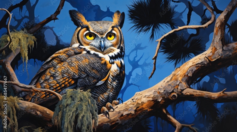 Poster a painting of an owl sitting on top of a tree branch in front of a blue sky with a tree branch in th