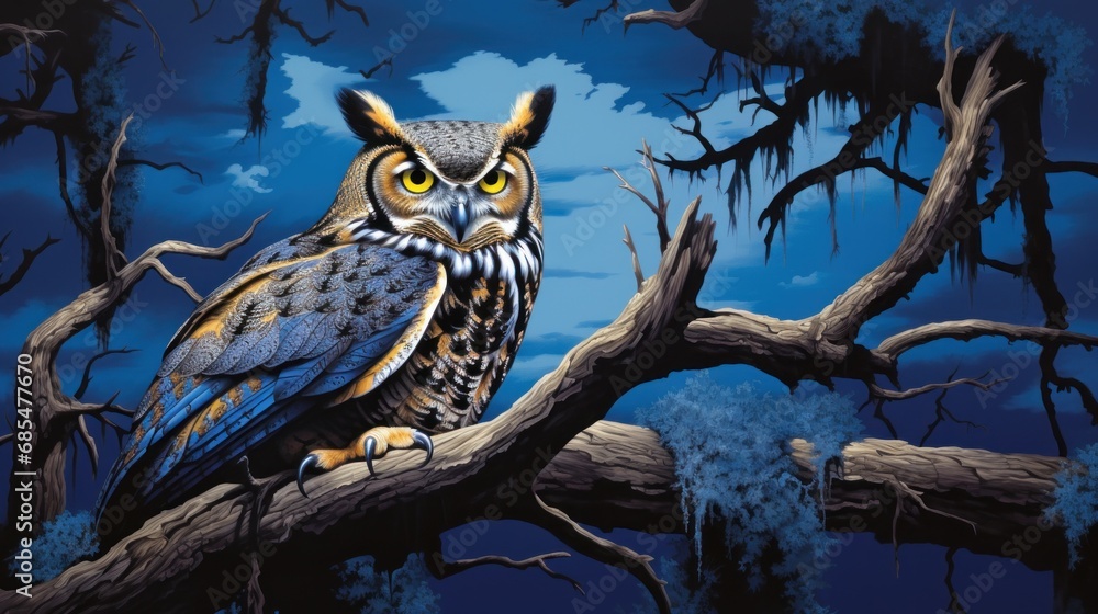 Poster a painting of an owl sitting on a tree branch with a full moon in the sky in the background and a fu