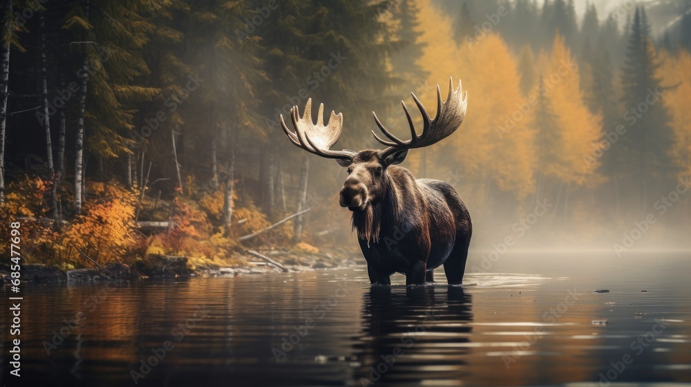 Aufkleber a moose standing in a body of water in front of a forest with lots of trees and a body of water with