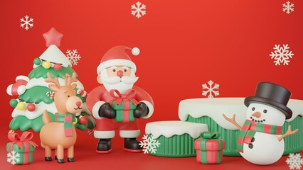 3D illustration, Mary Christmas and Happy New Year decorated with a Christmas tree, Santa Claus , a snowman, a reindeer, colorful gift boxes, and podiums for display products on a red background.