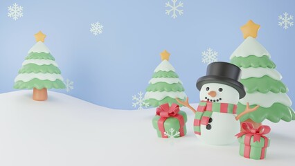 3D illustration, Mary Christmas and Happy New Year decorated with a Christmas tree, a snowman, gift boxes, and snowflakes on a snow floor.