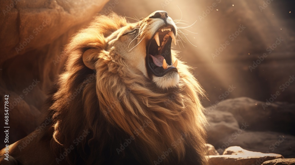 Poster a close up of a lion yawning with it's mouth open and it's mouth wide open with its mouth wide open 