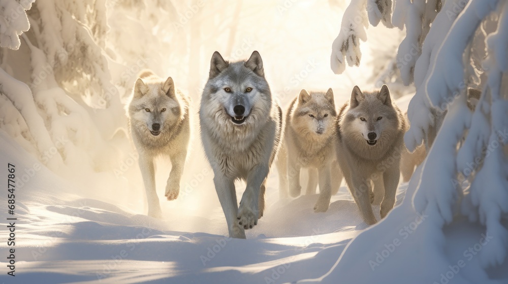 Poster a group of wolfs walking in the snow in front of a group of snow - covered trees and snow - covered 