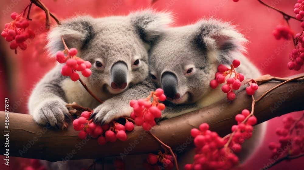 Poster a couple of koalas sitting on top of a tree next to each other on a branch with red berries on the b