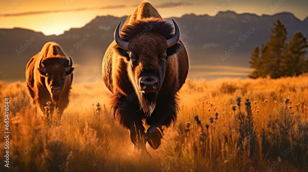 Aufkleber a couple of bison standing on top of a grass covered field in front of a mountain covered with tall 