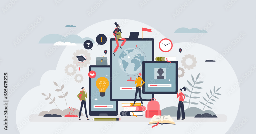 Aufkleber mobile edtech or education technology for online learning tiny person concept. study in digital scho
