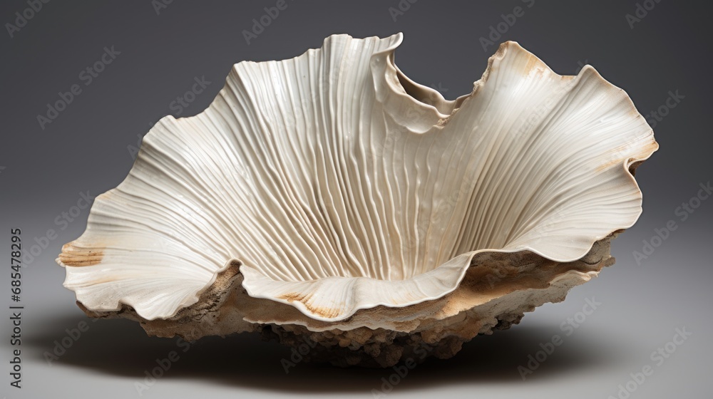 Poster a large white shell sitting on top of a wooden piece of drifty wood on a gray background with a shad
