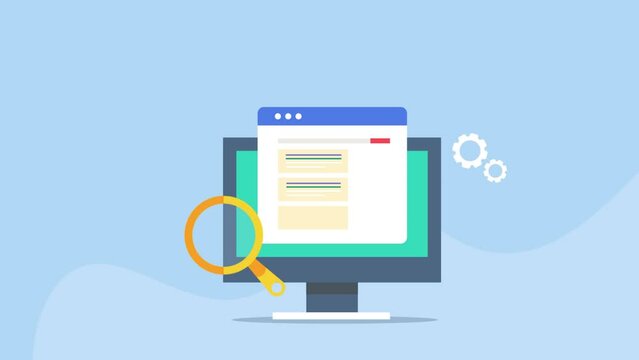 Search engine optimization, website ranking on search page, keyword analytics, on-page optimization, code integration conceptual SEO animation video.