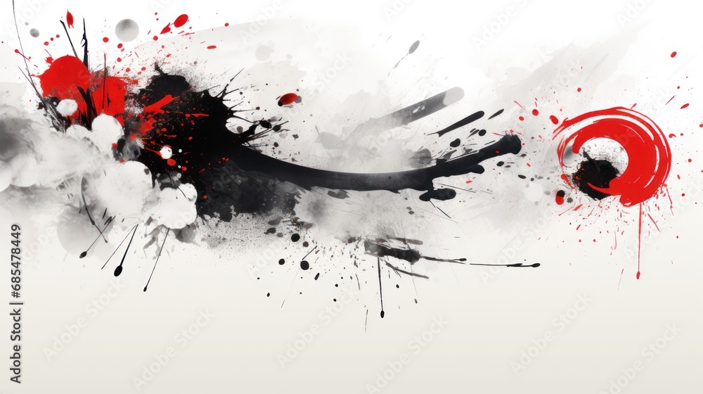 Poster a black and white background with red and black paint splattered on the bottom of the image and a wh