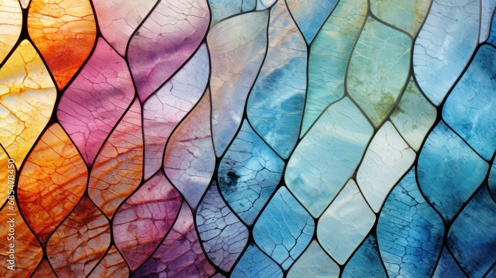 Aufkleber a close up of a stained glass window with multiple colors of different shapes and sizes of wavy line