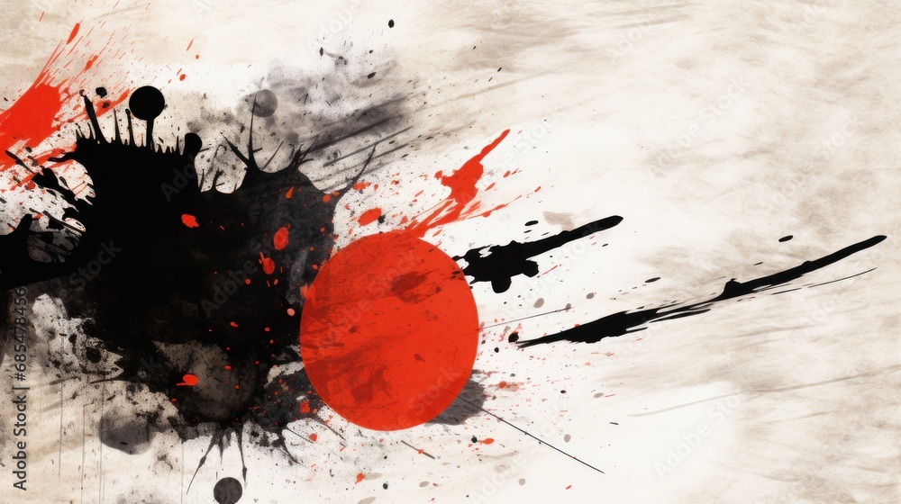 Poster a painting of a black and red object with paint splatters and a black and white object with a red ci