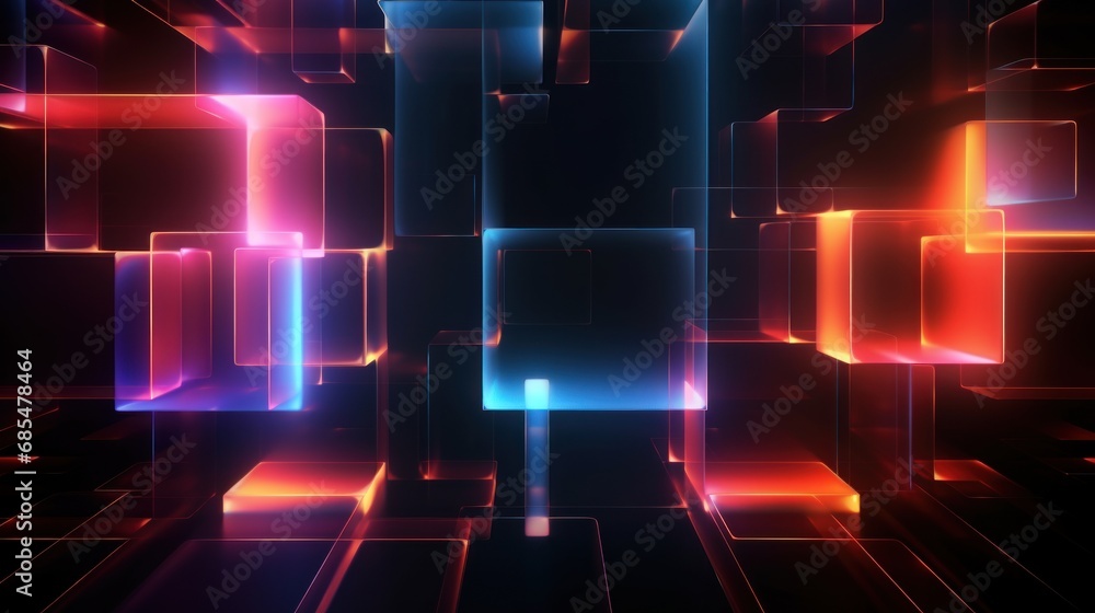 Poster an abstract background consisting of squares and rectangles in red, pink, blue, and yellow colors wi