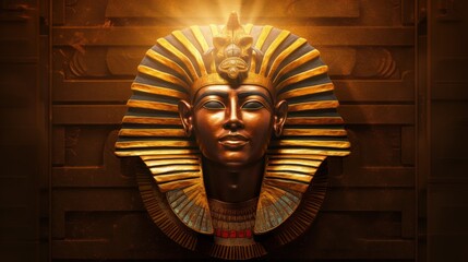  a close up of a statue of an egyptian pharaoh with a light coming out of it's face in front of a brown background with gold and gold accents. - obrazy, fototapety, plakaty