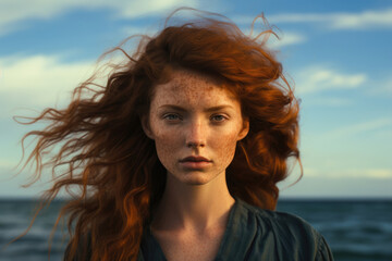 Beautiful red-haired woman in the sea