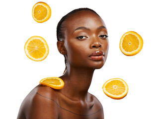Black woman, portrait and orange in vitamin c, skincare or spa treatment isolated on a transparent...