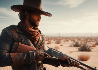 a hard rugged and grizzled texas ranger or cowboy aims his gun - 685479016