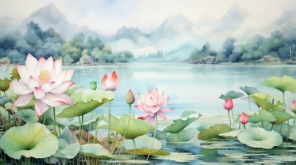 lotus flower on a lake with mountain landscape watercolor painting - obrazy, fototapety, plakaty