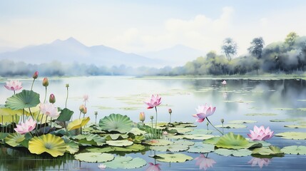 lotus flower on a lake with mountain landscape watercolor painting