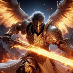 closeup of an angelic golden paladin knight or archangel with flaming sword doing battle - 685479813