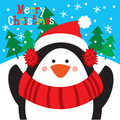 Cute Penguin with Christmas Tree Background