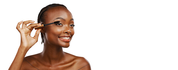 Isolated African woman, mascara brush and happy for beauty, wellness or vision by transparent png...