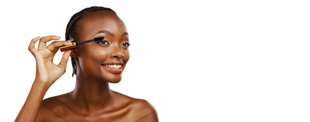 Isolated African woman, mascara brush and happy for beauty, wellness or vision by transparent png background. Girl, model or person with eyelash makeup application, thinking and aesthetic with tools