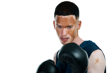 Man, portrait and boxer for fight, self defense or sports training isolated on a transparent PNG background. Face of male person, boxing or fighter with skin pigmentation and gloves in sport