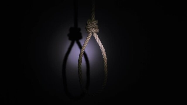 A large noose of thick rope hangs for suicide in a dark room.