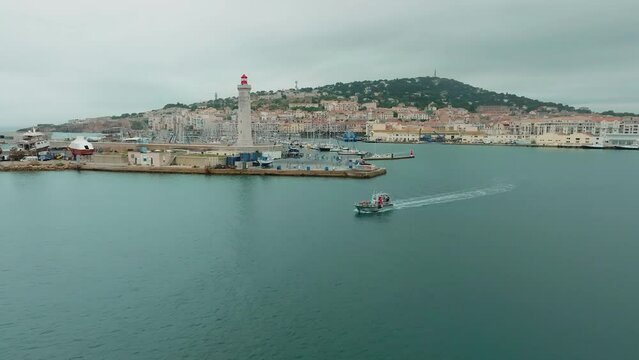 Research Boat Patrolling Sète Waterfront. France. Aerial Panoramic