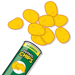 A bunch of potato chips spilled out of the can vector illustration. Crispy snack