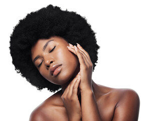Hair, touch and face of black woman with afro on isolated, png and transparent background. Skincare, beauty aesthetic and African person with natural texture, growth or cosmetics for wellness